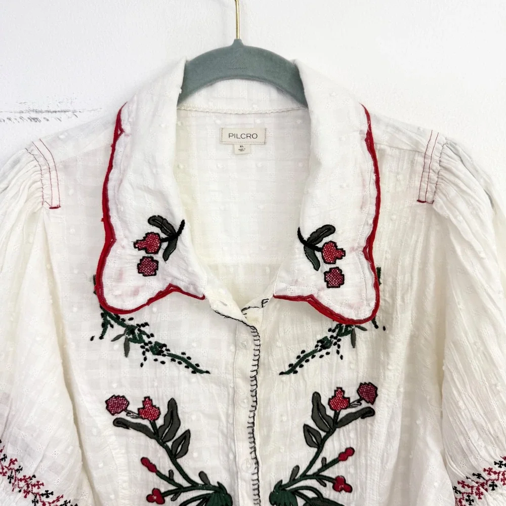 Anthropologie Pilcro Embroidered Puff Sleeve Collared Blouse White XL